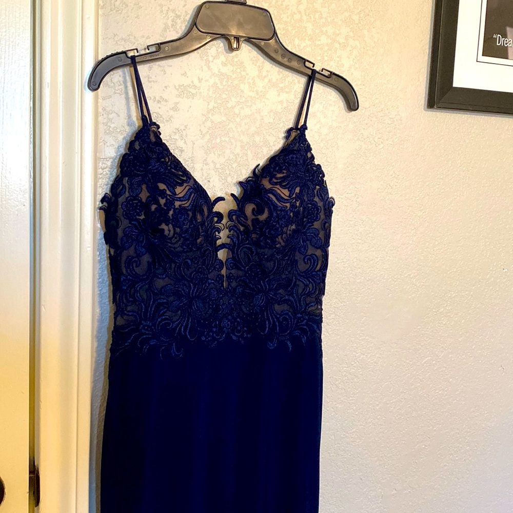 Navy Blue Terry Costa Prom Dress